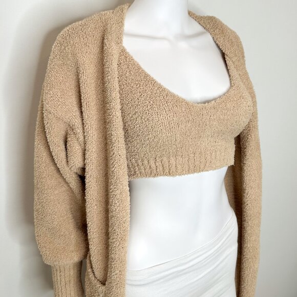 RESA Teddy Cozy Lounge Set Bralette Crop Top and Cardigan Robe in Taupe Tan Sz S - Picture 6 of 15